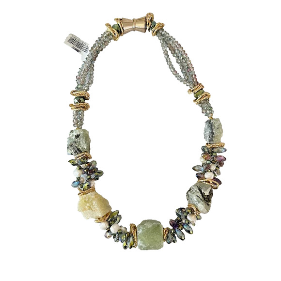 Prehnite Chunky 9" Necklace Crystal Statement Stone Jewelry Bead Green Gold Blue - Picture 1 of 10